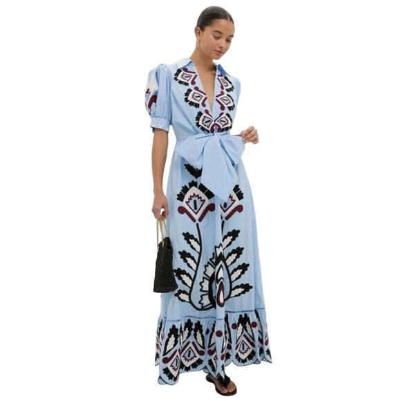 FARM Rio Dresses & Skirts - NWT Farm Rio Women's Medium Blue Artisanal Short Sleeve Maxi Dress $410 Boho New